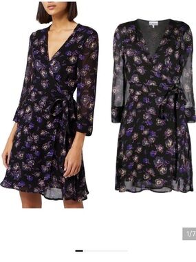 Ganni Black and Purple Floral Wrap Mini Dress